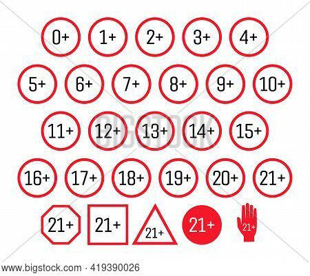 Adult Content Icons Set. Age Restrictions Signs Vector Flat Illustrations Isolated On White Backgrou
