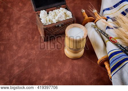 Symbols Of Jewish Holiday Shavuot Torah And Shofar, Wheat On Old Red Background.