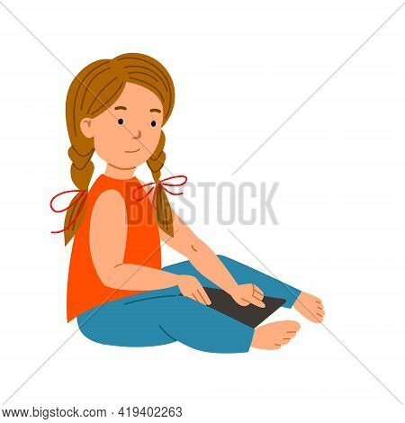 A Girl With Pigtails Is Sitting With A Tablet. Wireless Technology.