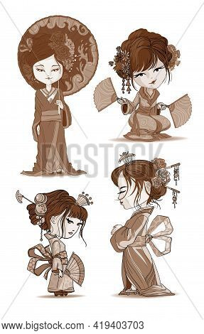 Beautifull Japanese Girls Set Stand And Sit In Kimono. Young Geisha With Umbrella, Japanese Fans, Ol