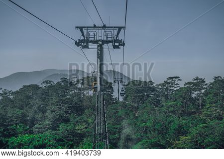 Circulating Cable Car Between Dalat Bus Station And Robin Hill Truc Lam Vietnam. Close-up View Of In