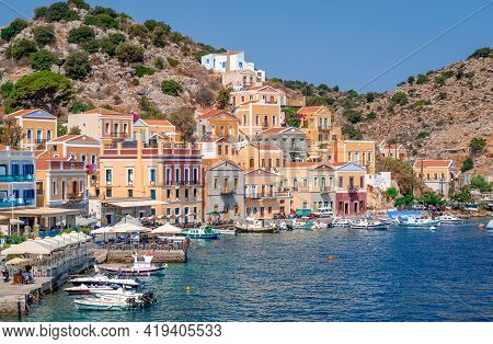 Symi, Greece - August 17 2017: View Of The Waterfront. Symi Is A Tiny Island Of Dodecanese, That Ama