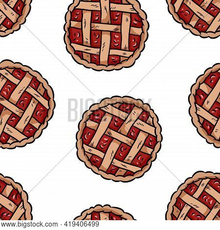 Tasty Pie Doodles Seamless Border Pattern. Cute Cartoon Tasty Pastry Repeatable Background Tile. Coz