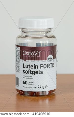 Pruszcz Gdanski, Poland - April 30, 2021: 60 Tabs Of Ostrovit Lutein Forte Softgels Food Supplement.
