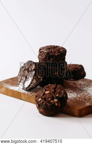 Chocolate Chip Cookies On Wooden Board, Closeup