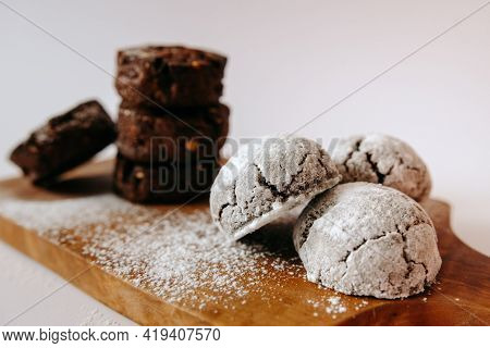 Chocolate Chip Cookies On Wooden Board, Closeup