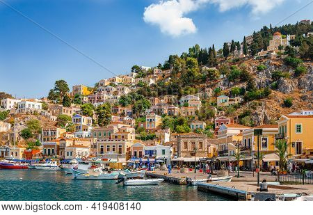 Symi, Greece - August 17 2017: View Of The Waterfront. Symi Is A Tiny Island Of Dodecanese, That Ama