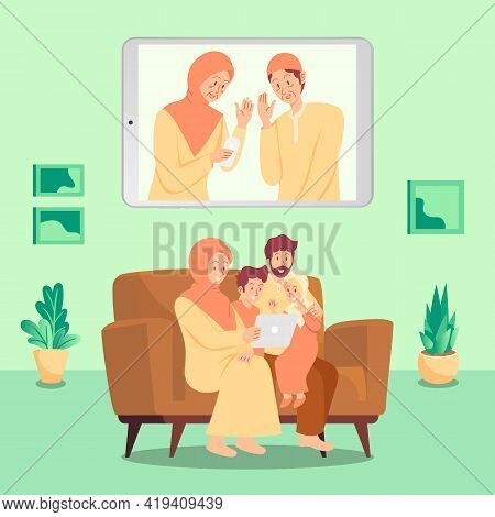 Muslim Family Blessing Eid Mubarak To Grandparents Through Smart Phone Screens Using Video Call Duri
