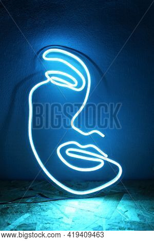 Blue Neon Sign Face. Trendy Style. Beauty Salon. Neon Sign. Custom Neon. Home Decor.