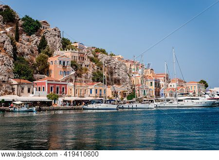 Symi, Greece - August 17 2017: View Of The Waterfront. Symi Is A Tiny Island Of Dodecanese, That Ama