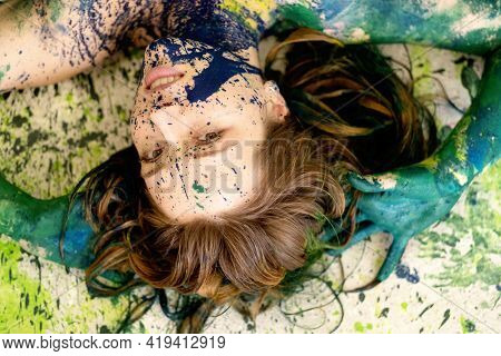 Unusual Remarkable Especially Impressive Portrait Of A Sexy Young Brunette Redhead Woman, Dots Of Bl