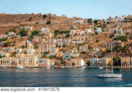 Symi / Greece - August 17 2017: View Of The Village. Symi Is A Tiny Island Of Dodecanese, That Amaze