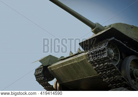 Monument With The Soviet T-34 Tank In Memory Of The Soldiers Of The Great Patriotic War. Monument To