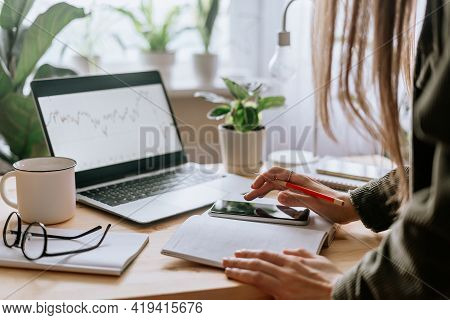 Distance Learning Online Education And Work. Business Woman Texting At Mobile Cell Phone, Writes In 
