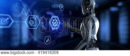 Standard Quality Control Certification Standardisation. Robot Pressing Button On Screen 3d Render