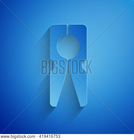 Paper Cut Old Wood Clothes Pin Icon Isolated On Blue Background. Clothes Peg. Paper Art Style. Vecto