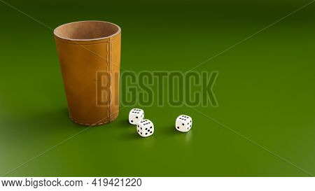 A leather cup and fhree dice showing six. 3D illustration