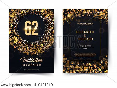 62nd Years Birthday Vector Black Paper Luxury Invitation Double Card. Sixty Two Years Wedding Annive