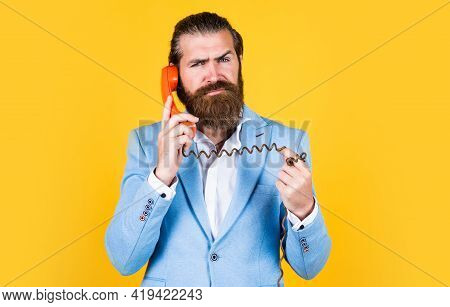 A Better Way. True Gentleman With Groomed Hair Hold Vintage Telephone. Nice Conversation. Bearded Ma
