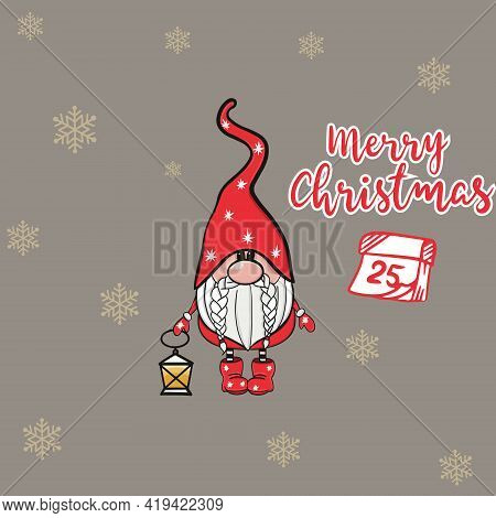 Beautiful Christmas Card With Gnom. Merry Christmas. Postcard For Printing. Vector Illustration