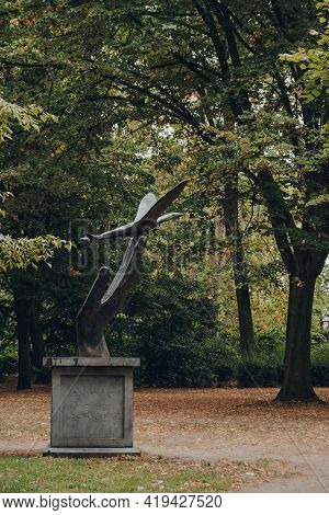 Brussels, Belgium - August 16, 2019: Le Messager Statue By Jean-michel Folon In The Brussels Park, I