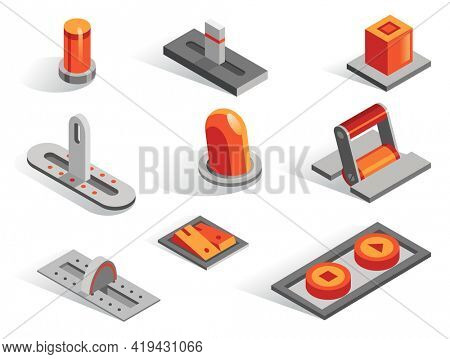 Isometric or 3d various buttons  set. Isolated icons collection in different from. Levers sliders regulators toggle regulators and switches in gray and orange color