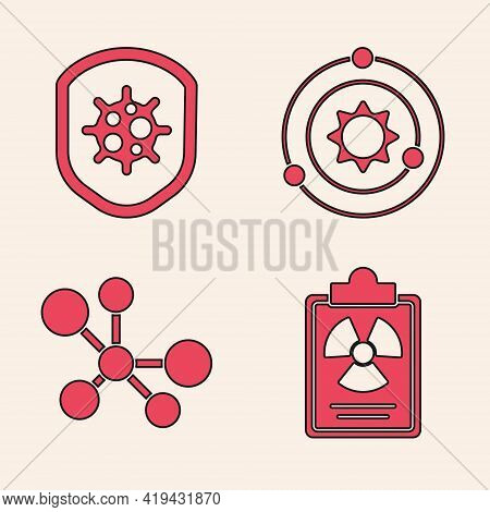 Set Radiation Warning Document, Shield Protecting From Virus, Solar System And Molecule Icon. Vector