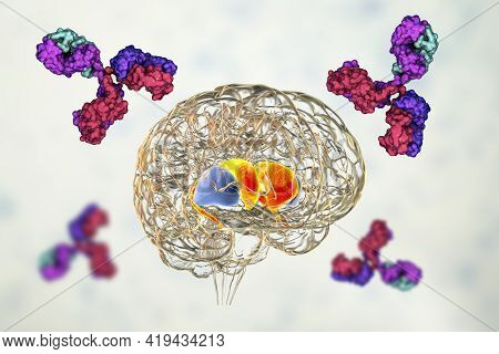 Anti-basal Ganglia Antibodies. 3d Conceptual Illustration Showing Molecules Of Immunoglobulins Attac