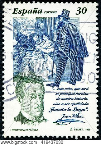 Spain - Circa 1995: A Stamp Printed By Spain Shows Portrait Of Juan Valera, Was A Spanish Realist Au