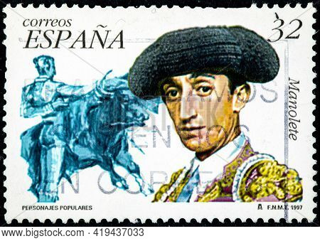 Spain - Circa 1998: A Stamp Printed In Spain Shows The Bullfighter Manolete, Called 