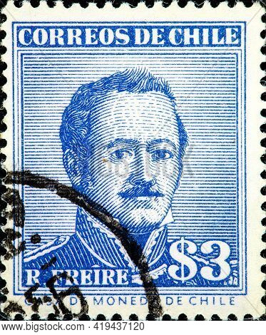Chile - Circa 1956: Canceled Postage Stamp Printed By Chile, Shows Ramon Freire Serrano, Military Ma