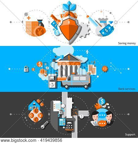 Banking Horizontal Banners Set With Saving Money And Support Elements Isolated Vector Illustration