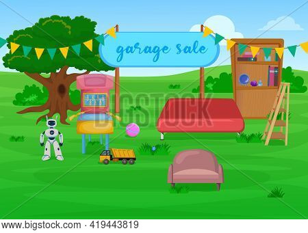 Colorful Open Air Garage Sale Of Furniture. Cartoon Vector Illustration. Wooden Bookcases, Toys, Gam