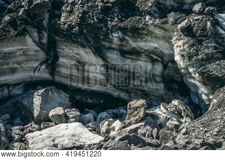 Nature Background With Icefall Near Glacier Wall With Cracks And Scratches. Natural Backdrop With Ic