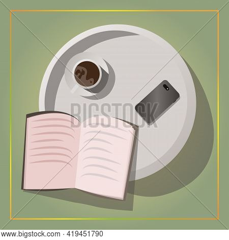 Tray With A Cup Of Coffee And A Book. Vector Pattern, Top View. Breakfast With A Book. Table In Cafe