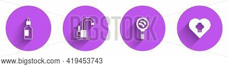 Set Bottle Of Olive Oil, Water Tap, Frying Pan And Chef Hat Icon With Long Shadow. Vector