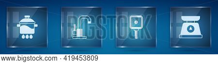 Set Cooking Pot, Water Tap, Frying Pan And Scales. Square Glass Panels. Vector