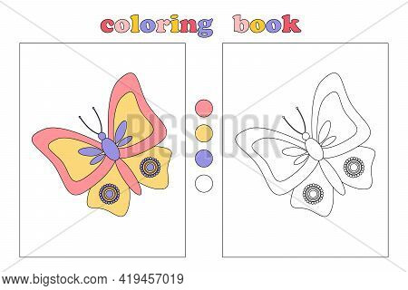 Coloring Book For Kids, Coloring Page With Beautiful Colorful Butterfly. Cartoon Illustrations With 
