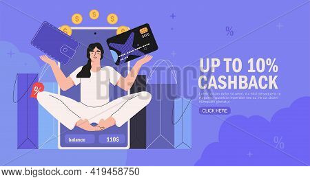 Online Payment Or Money Refund Program Vector Illustration Concept. Woman Get Cashback For Purchase