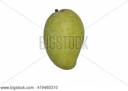 One Raw Mango Isolated On White Background With Cipping Path.