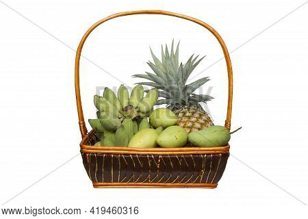 Green Fruit Basket Isolated On White Background With Cipping Path.