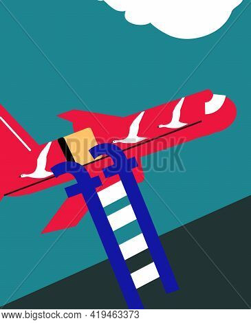 Illustration Of A Plane With Windows As Birds And A Social Media Staircase, Isolated On A Blue Backg