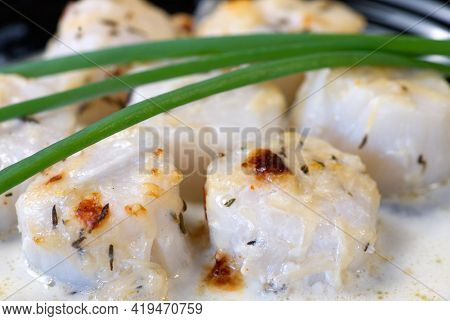 Creamy Garlic Scallops. Big Tasty Scallops Closeup