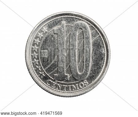 Venezuela Ten Centimos Coin On A White Isolated Background
