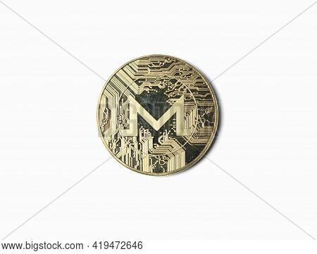 Monero Golden Coin, Crypto Currency Isolated On White Background, Cotout Object