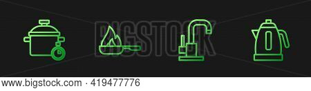 Set Line Water Tap, Cooking Pot, Frying Pan And Electric Kettle. Gradient Color Icons. Vector