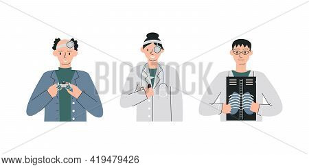 Medical Personnel Staff Team Isolated On White. Ophthalmologist Holds Eye Check Special Equipment. O
