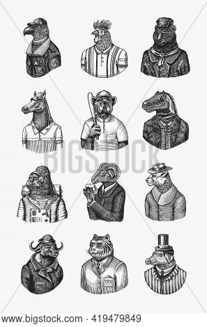 Gorilla Monkey Astronaut. Eagle Aviator Pilot Rooster Dinosaur Pig Tiger Bear Sheep Buffalo Bull Hor
