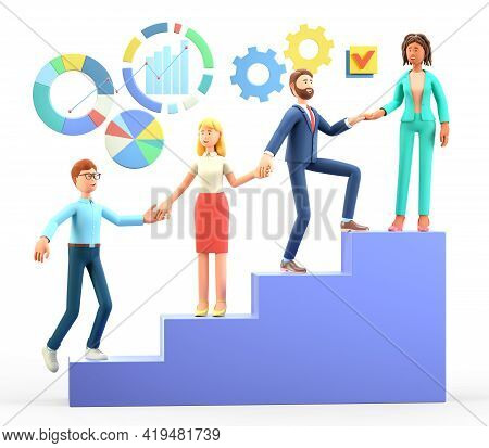 3d Illustration Of Business Team Working Together For Success And Growing. Multicultural Cartoon Cha
