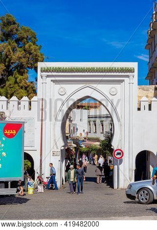 Tangier, Morocco - 17 October, 2019: Arched Gate To The Medina Of Tangier, Morocco. Traditional Orie